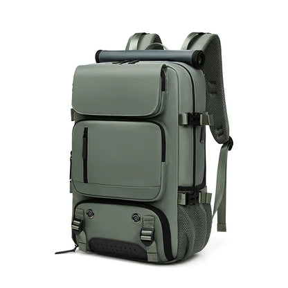 Green backpack with multiple compartments on a white background