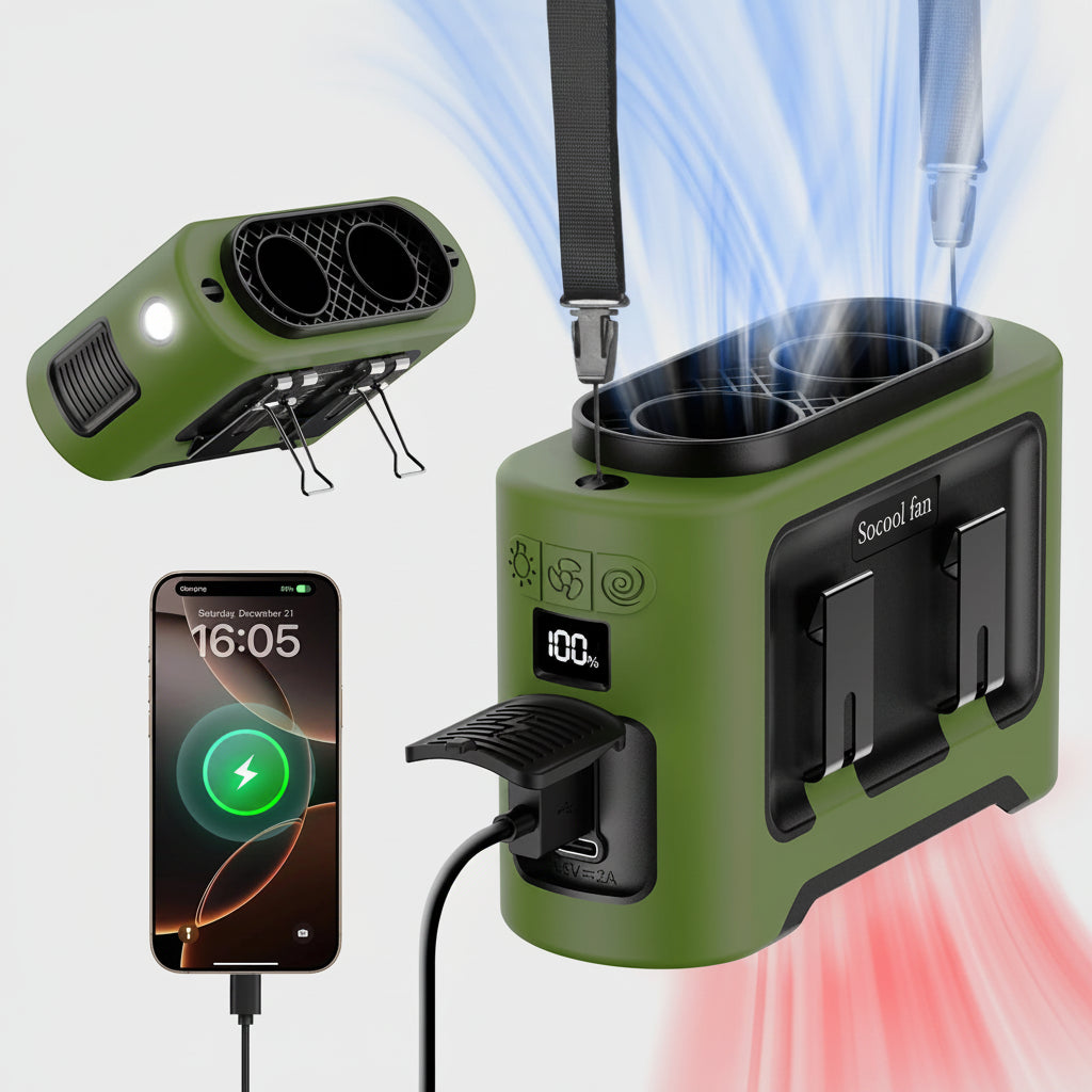 Green portable power station with multiple functions including charging phone, fan, and light.