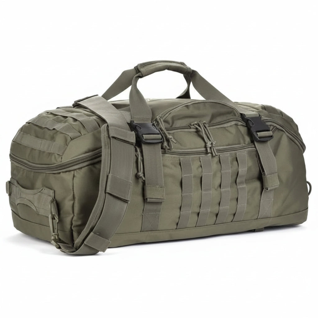 Green tactical duffel bag on a white background