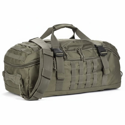 Green tactical duffel bag on a white background
