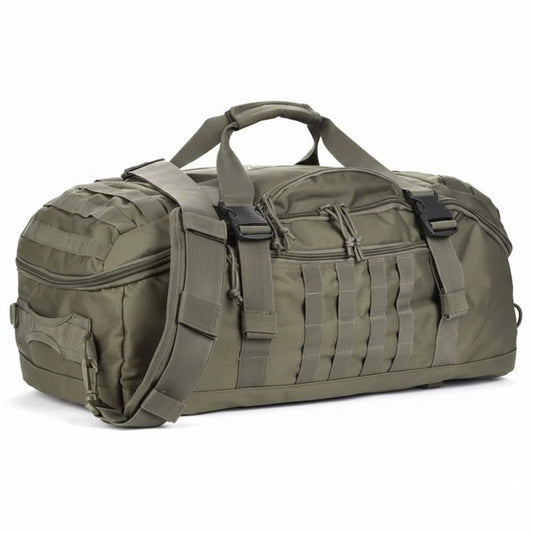 Green tactical duffel bag on a white background