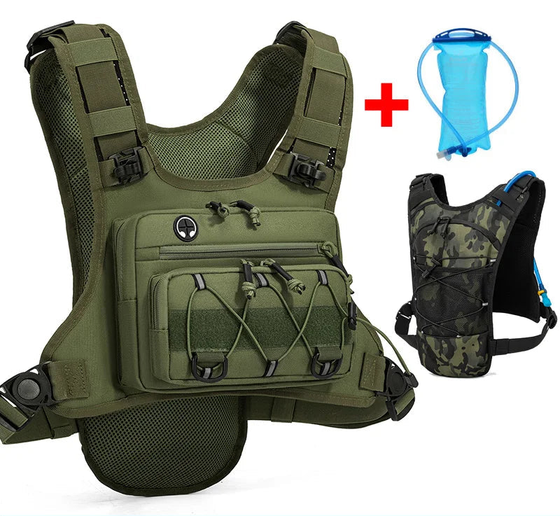 Green tactical vest with a blue water bag and camouflage hydration pack on a white background.
