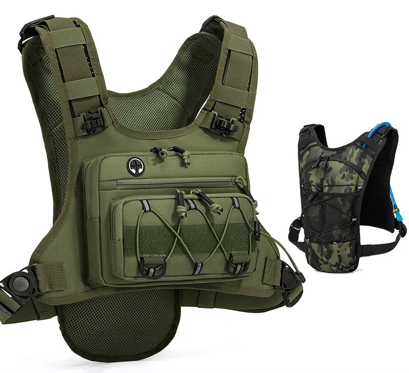 Green tactical vest with multiple pockets and straps on a white background