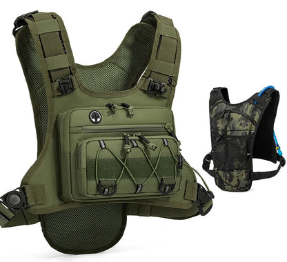 Green tactical vest with multiple pockets and straps on a white background