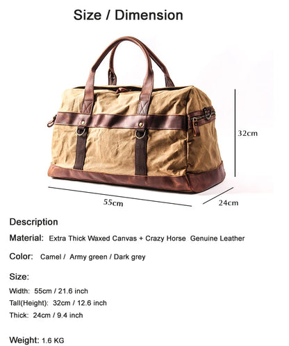 Waxed Canvas & Genuine Leather Men's Duffle Bag – Large Weekend & Travel Bag, Fits 18" Laptop