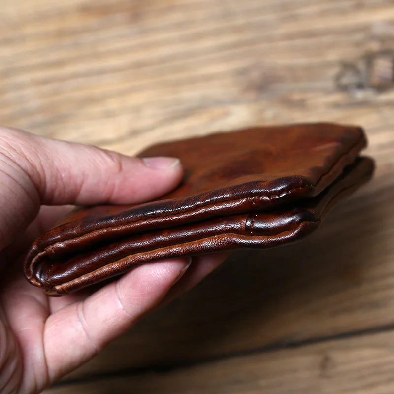 Genuine Cowhide Short Wallet – Retro Leather, Card & Coin Organizer, Unisex Bifold