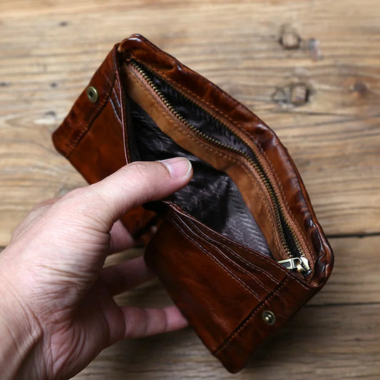 Genuine Cowhide Short Wallet – Retro Leather, Card & Coin Organizer, Unisex Bifold