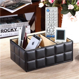 PU Leather Desktop Organizer – 4-Slot Storage Box for Remote Control, Phone & Office Supplies