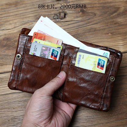 Genuine Cowhide Short Wallet – Retro Leather, Card & Coin Organizer, Unisex Bifold