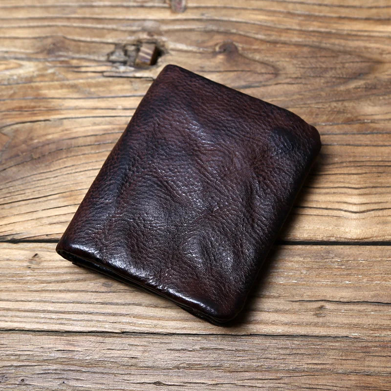 Genuine Cowhide Short Wallet – Retro Leather, Card & Coin Organizer, Unisex Bifold