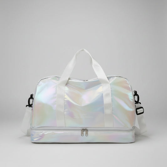 Holographic duffel bag on a white background