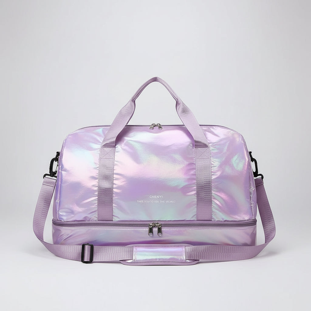 Iridescent duffel bag with shoulder strap on a white background