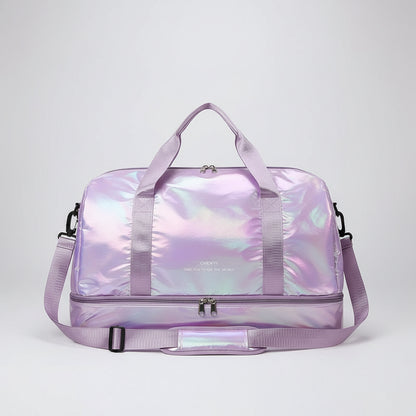 Iridescent duffel bag with shoulder strap on a white background