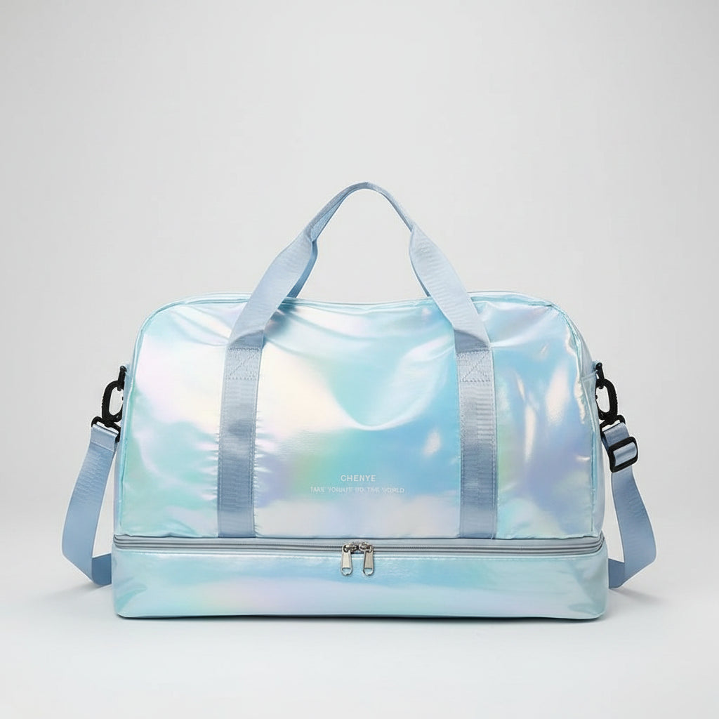 Iridescent duffel bag with straps on a white background