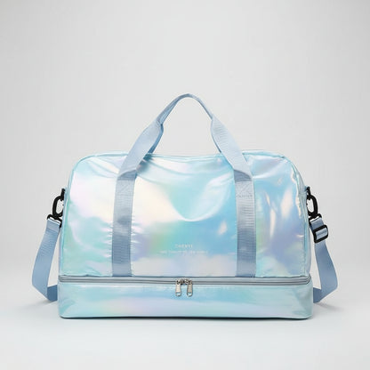 Iridescent duffel bag with straps on a white background