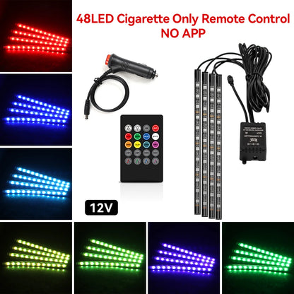 LED light strip set with remote control and power adapter, showing color options.
