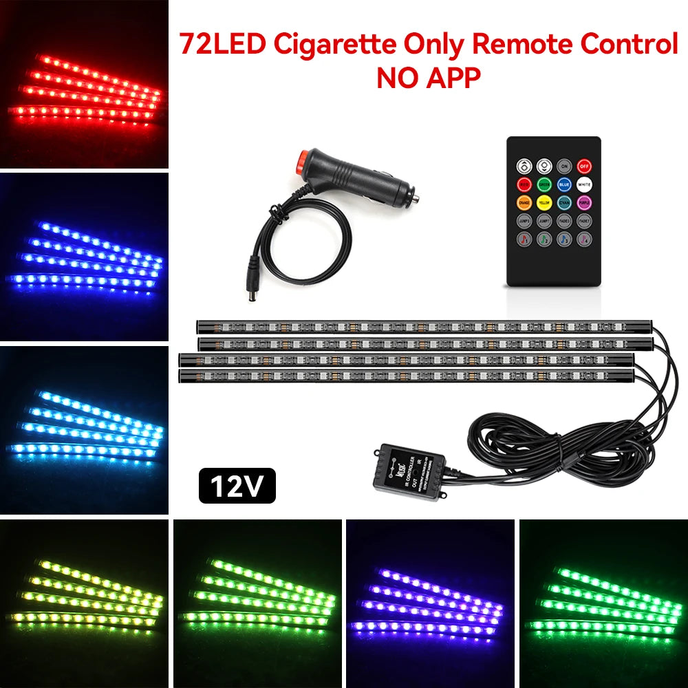 LED light strip set with remote control and power adapter, showing color options.
