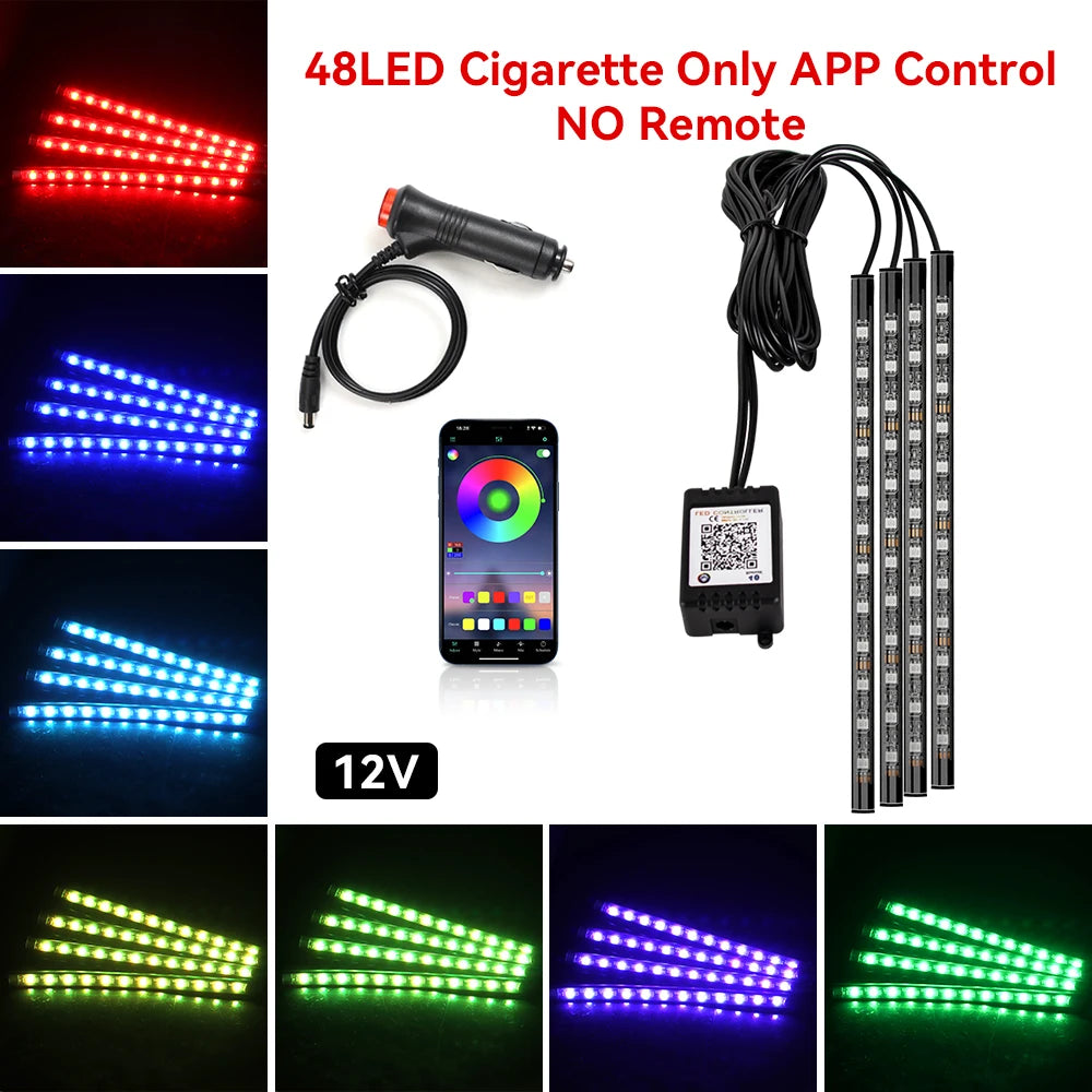LED light strip set with smartphone app control, power adapter, and color-changing lights.