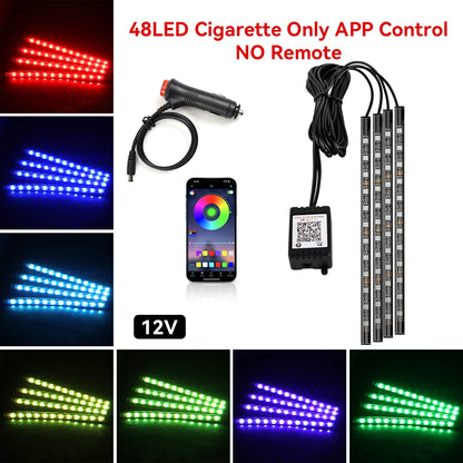 LED light strip set with smartphone app control, power adapter, and color-changing lights.
