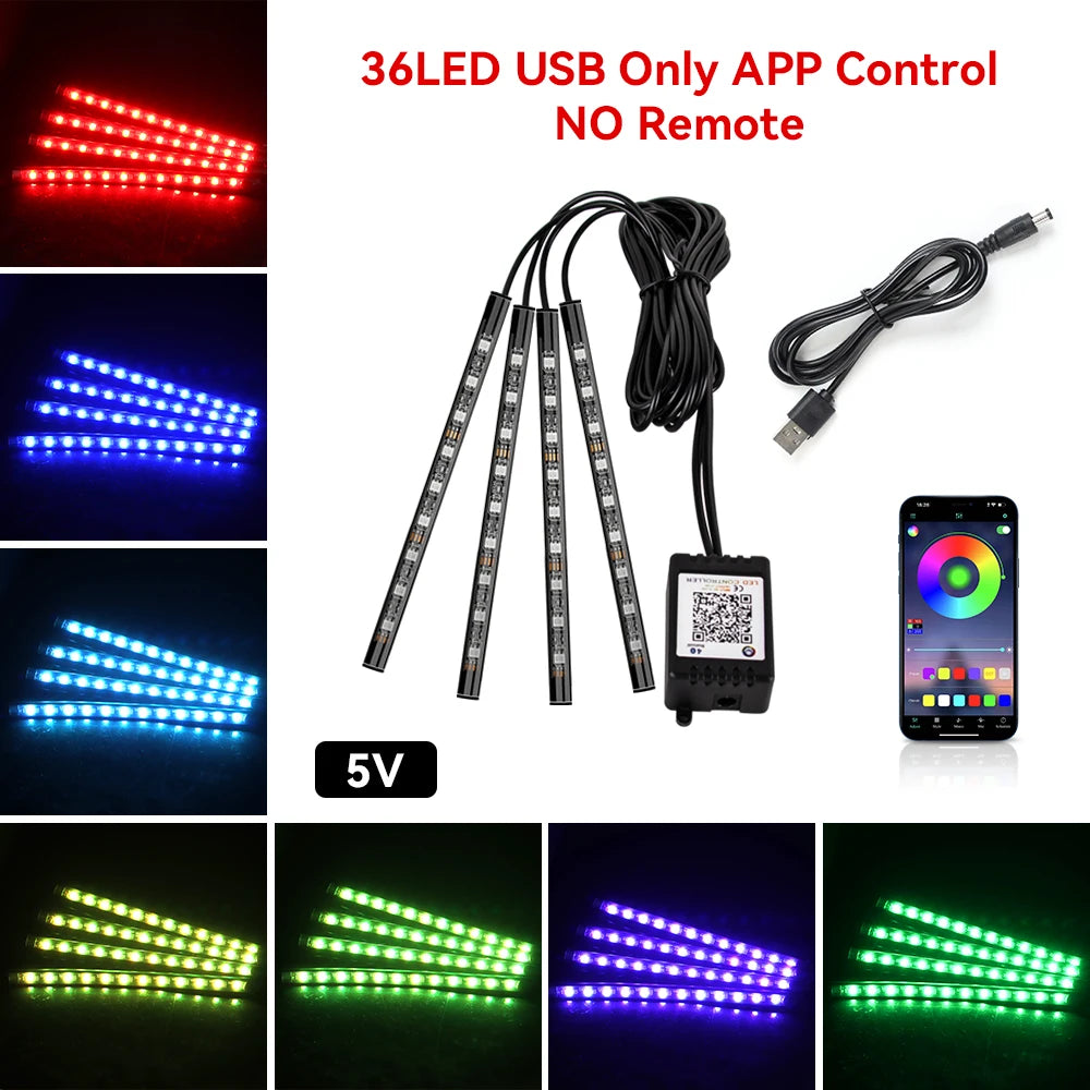 LED strip lights with USB cable, power adapter, and smartphone app for control on a white background.
