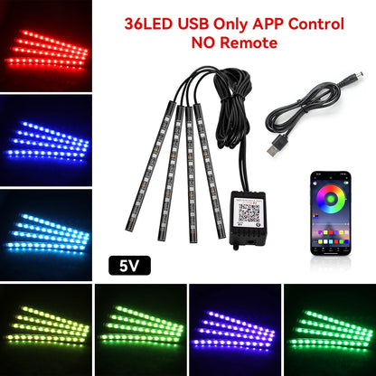 LED strip lights with USB cable, power adapter, and smartphone app for control on a white background.