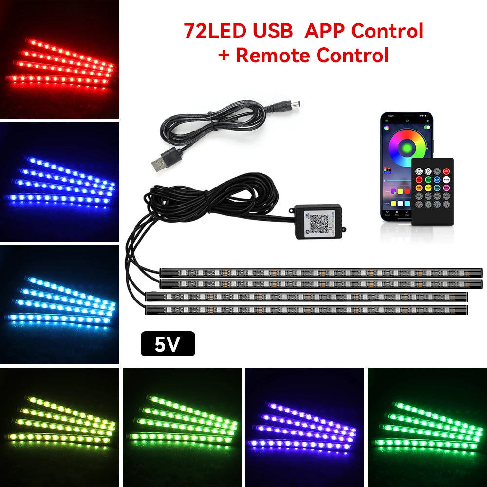 LED strip lights with USB cable, remote control, and app control on a white background.