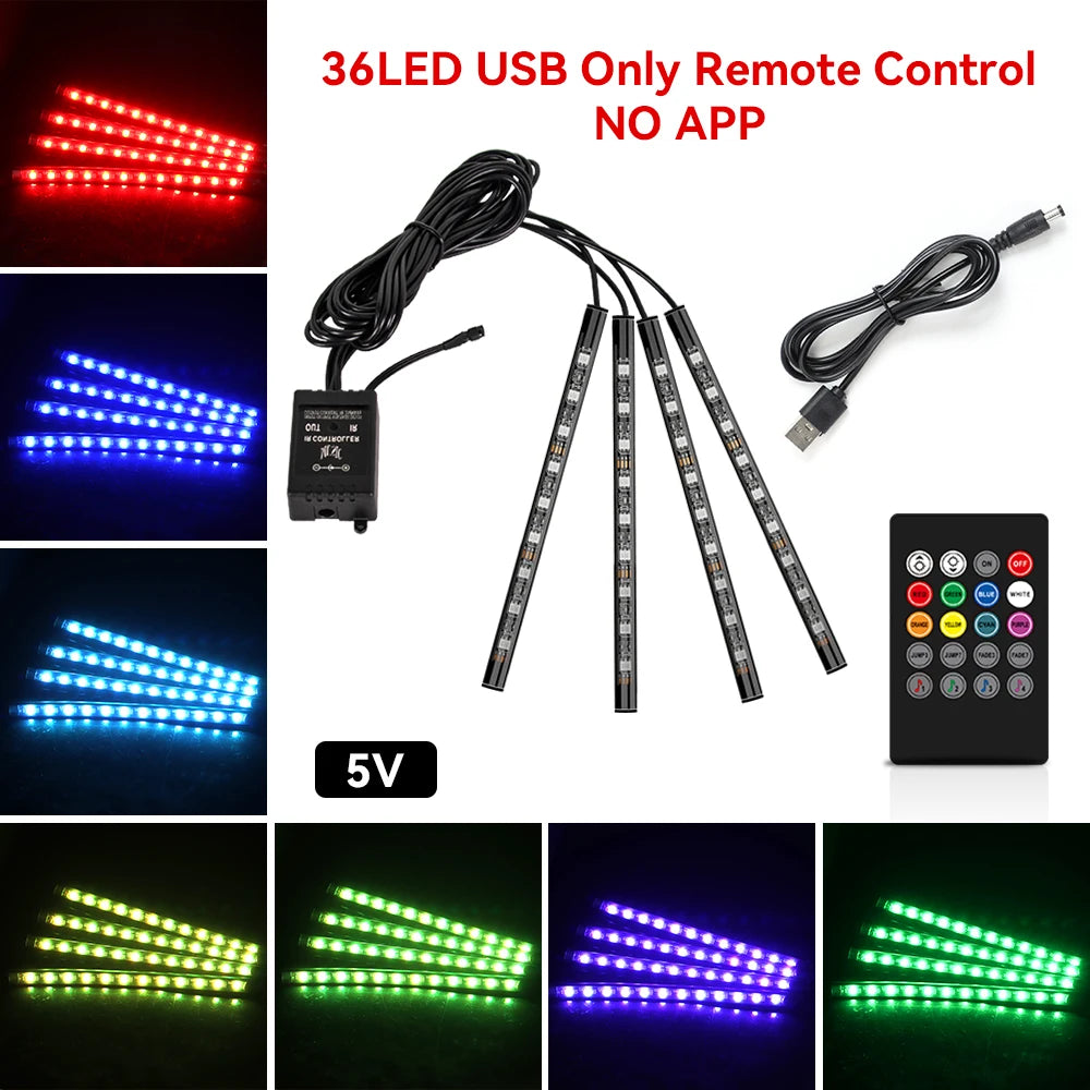 LED strip lights with USB cable, remote control, and color-changing options on a white background.