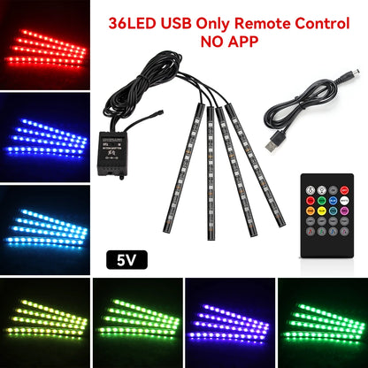 LED strip lights with USB cable, remote control, and color-changing options on a white background.