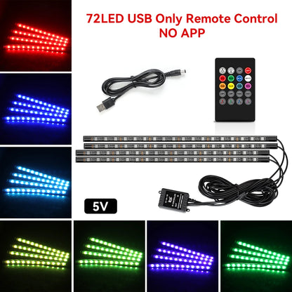 LED strip lights with USB cable, remote control, and power adapter on a white background.