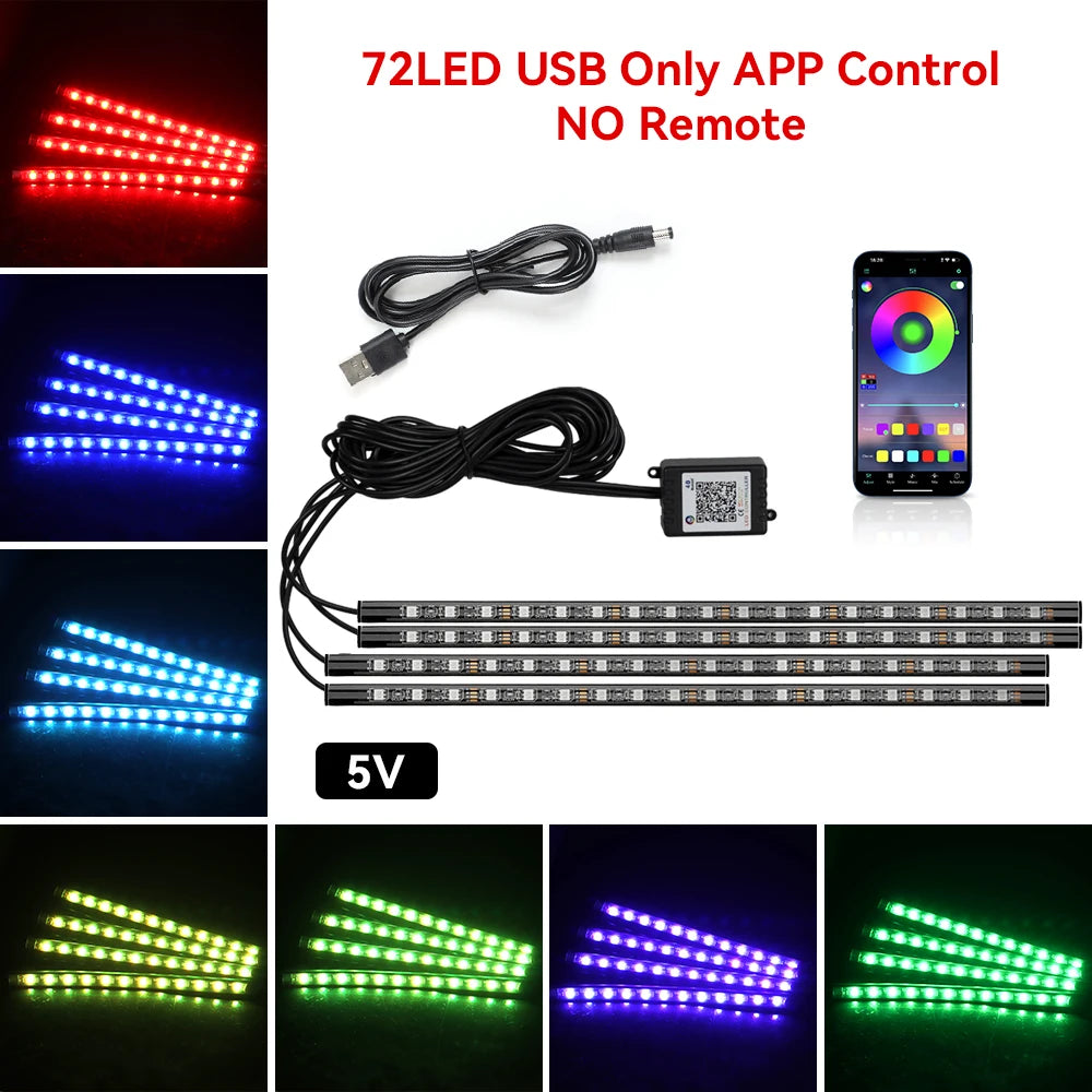 LED strip lights with USB cable, remote control, and smartphone app on a white background.
