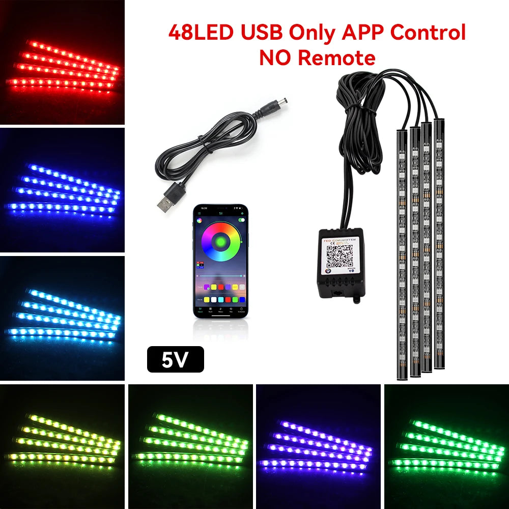 LED strip lights with USB cable, smartphone app, and control unit on a white background.