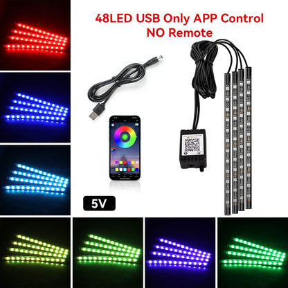 LED strip lights with USB cable, smartphone app, and control unit on a white background.
