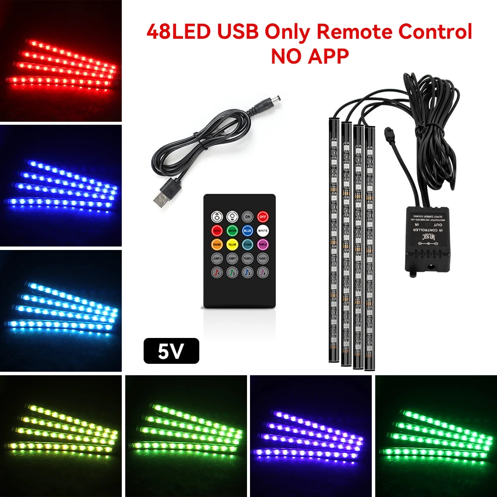 LED strip lights with remote control and USB cable on a white background