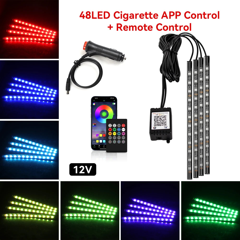 LED strip lights with remote control and app for color changes, displayed on a white background.