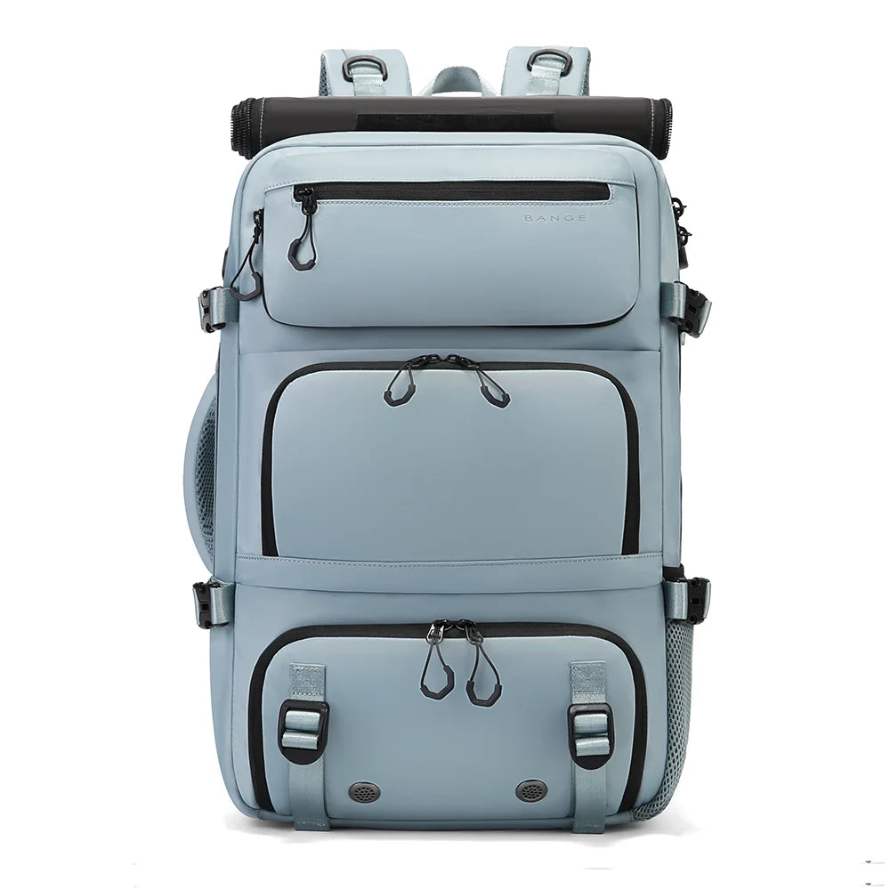 Light blue backpack with black accents on a white background