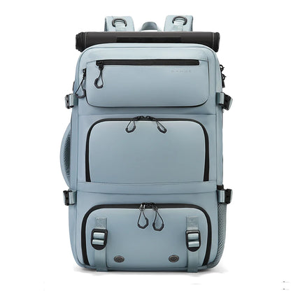 Light blue backpack with black accents on a white background