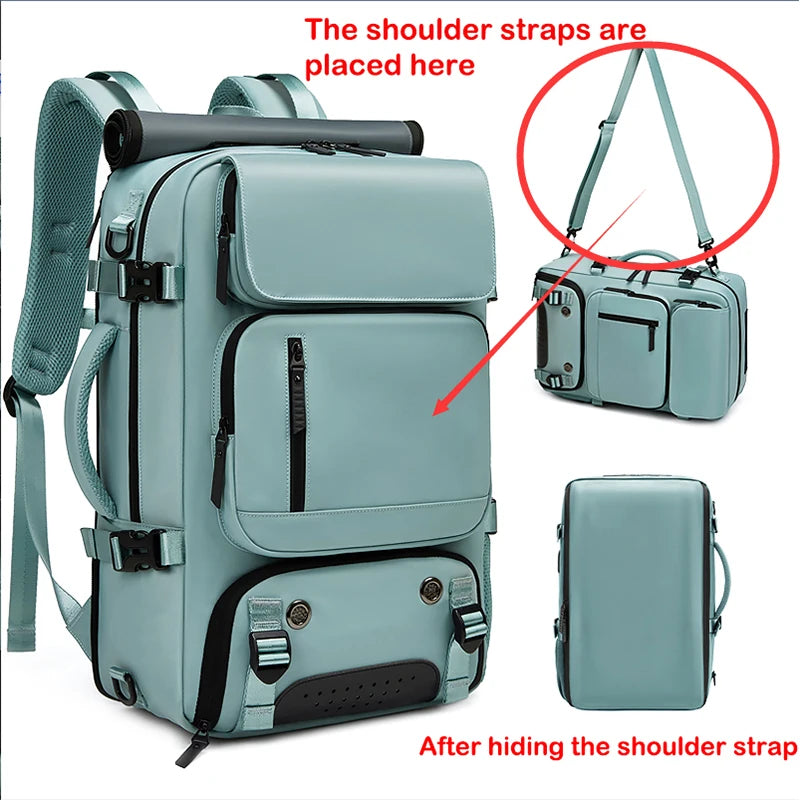 Light blue backpack with shoulder straps highlighted and a smaller image showing the strap hidden.