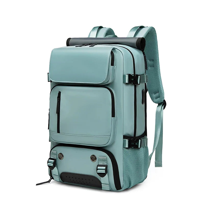 Light blue backpack with suitcase attachment on a white background