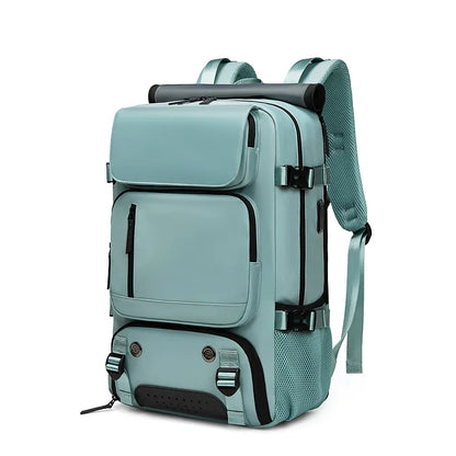 Light blue backpack with suitcase attachment on a white background