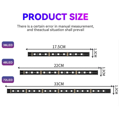 Measurement chart showing LED strip dimensions with 36, 48, and 72 LEDs.