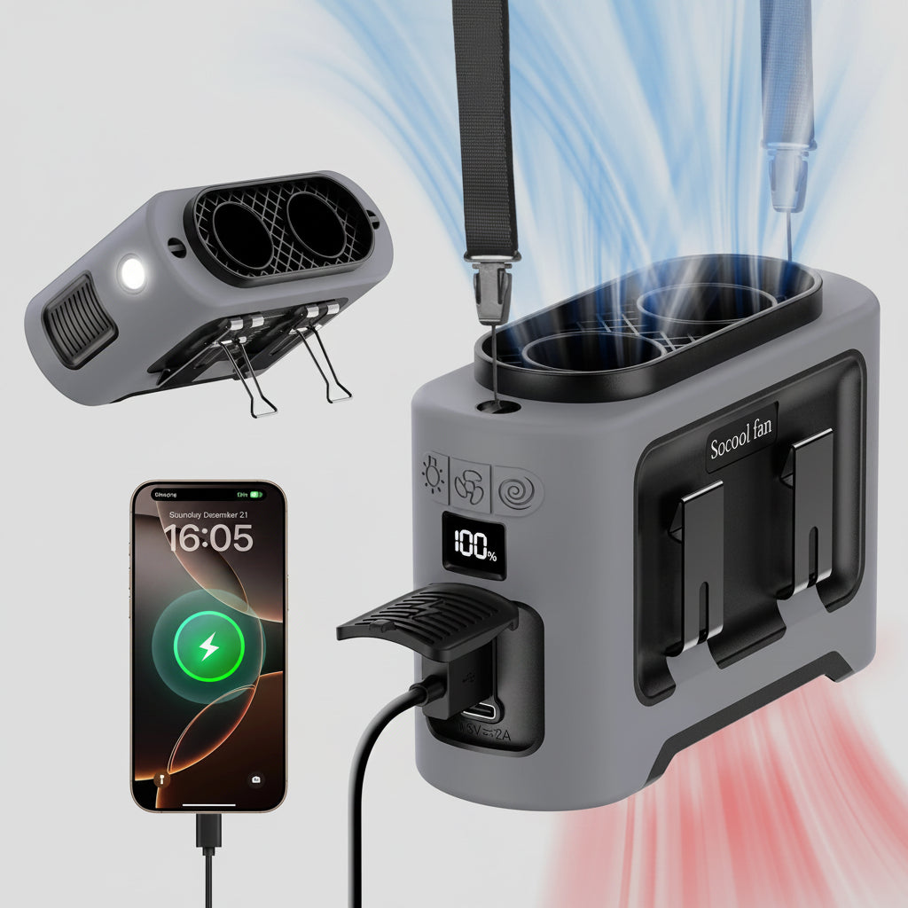 Multi-functional device with fan, phone charger, and light effects on a white background