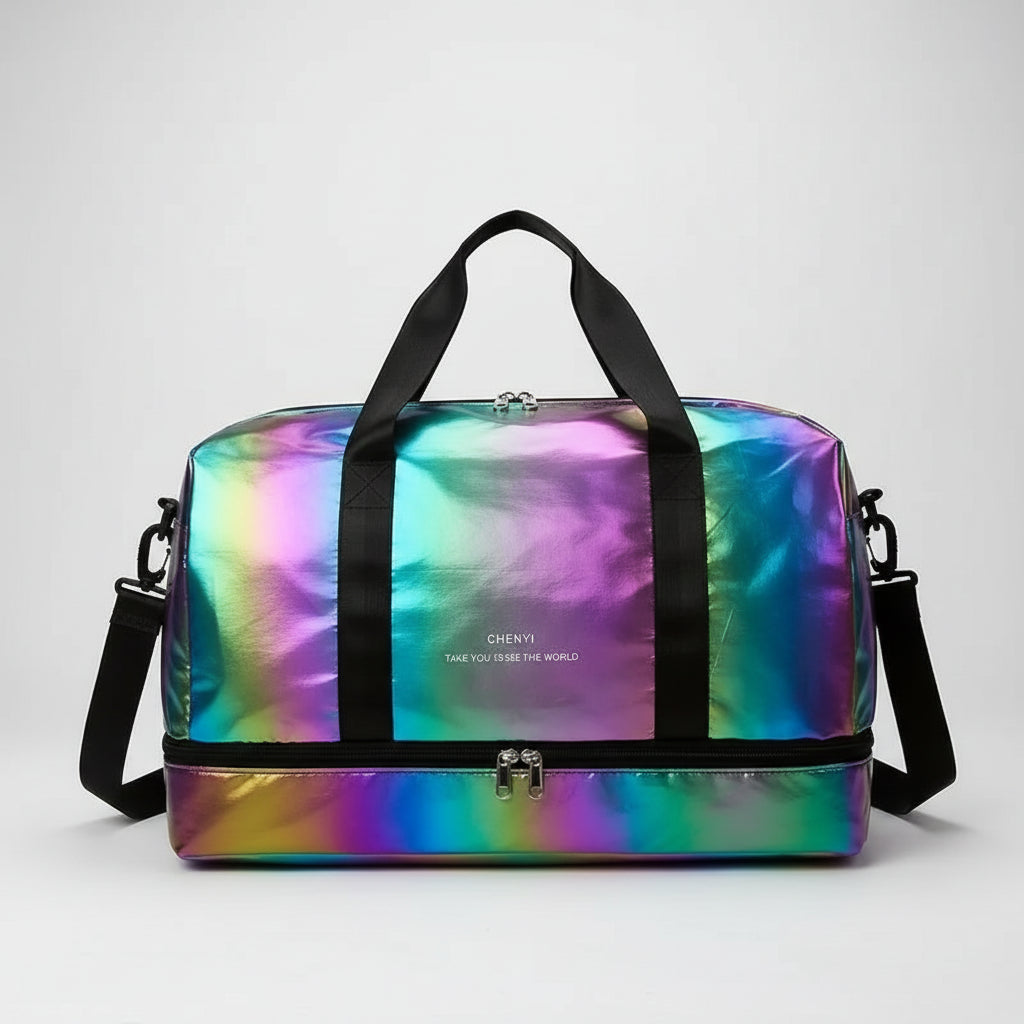 Multicolored iridescent duffel bag with black straps on a white background