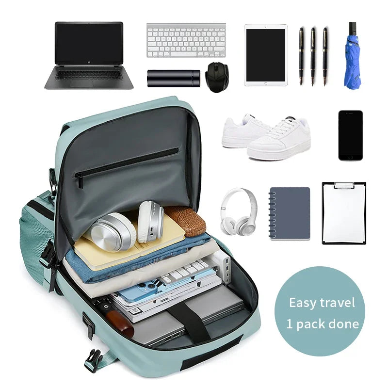 Open teal backpack with organized compartments containing a laptop, keyboard, tablet, shoes, and other items on a white background.