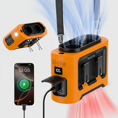 Orange portable power station with multiple functions including a fan, phone charger, and light projector.