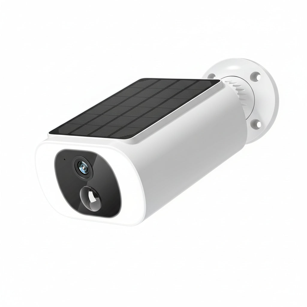 Outdoor solar wireless security camera mounted outside a home, showing a compact white weather-resistant design.
