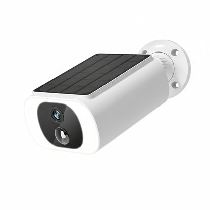 Outdoor solar wireless security camera mounted outside a home, showing a compact white weather-resistant design.