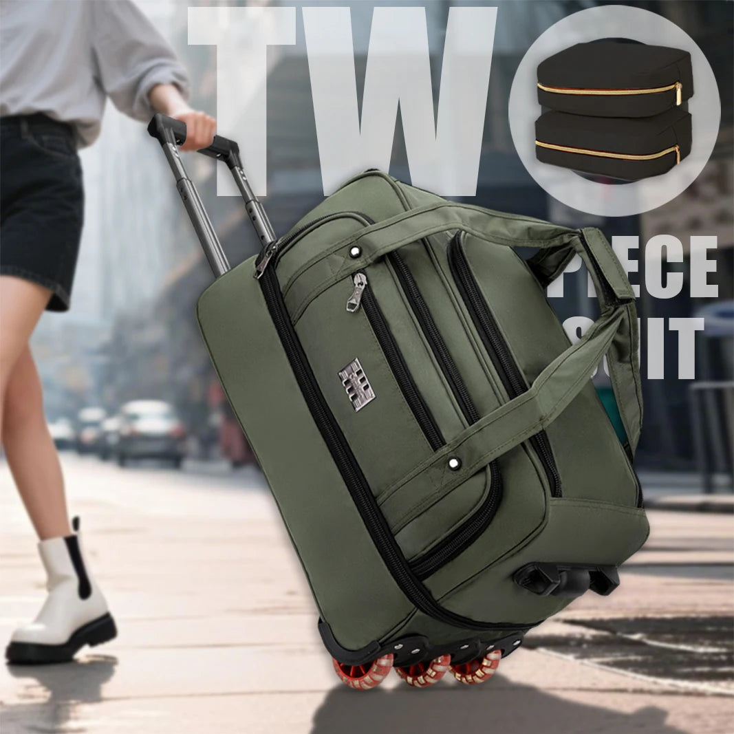 Person pulling a green suitcase