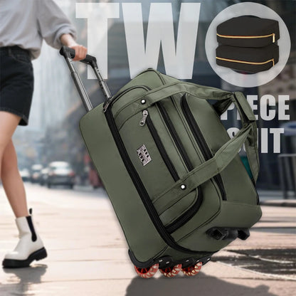 Person pulling a green suitcase