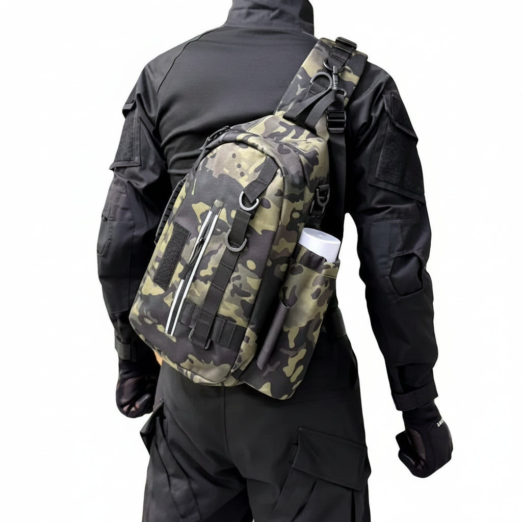 Person wearing a camouflage sling bag on a white background