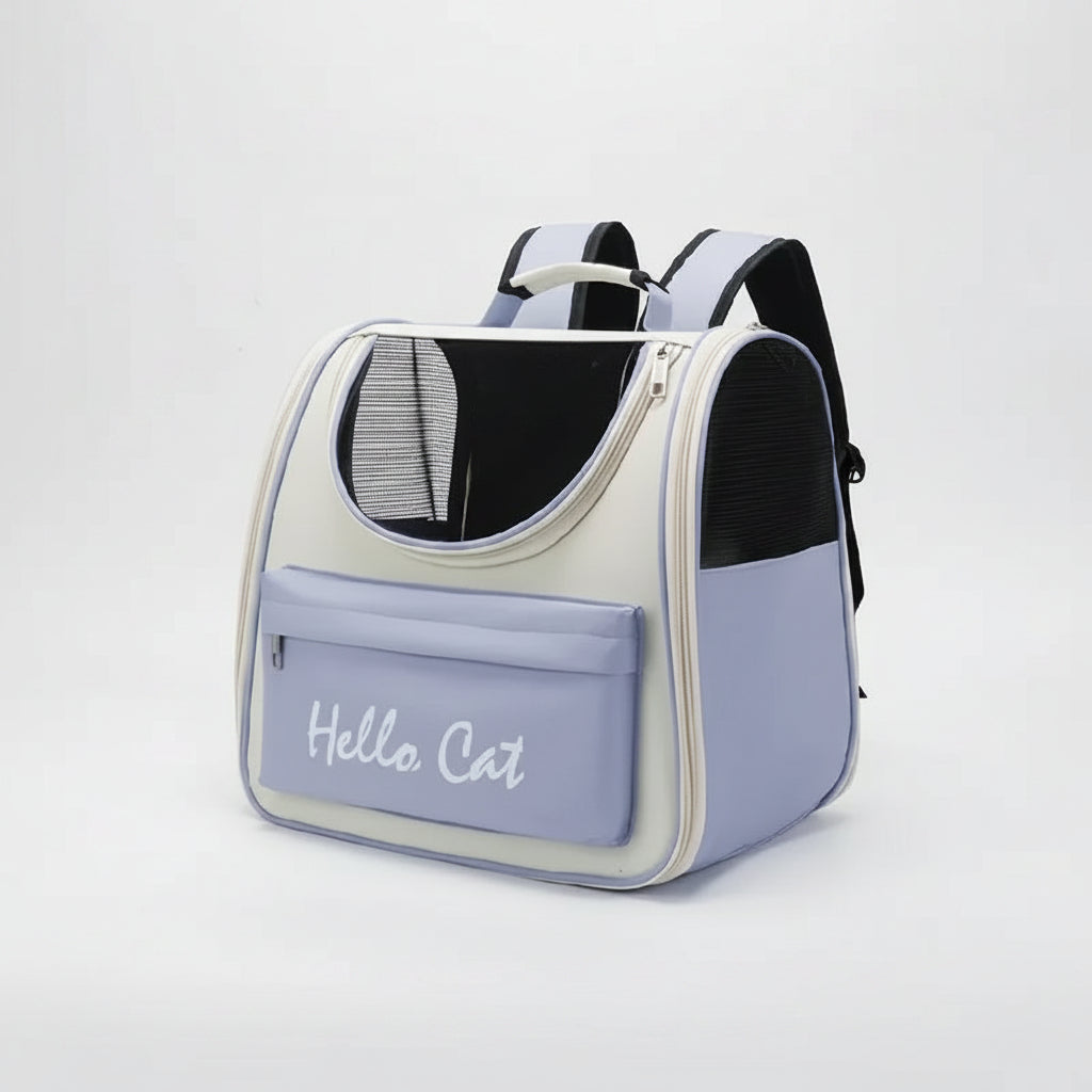 Pet carrier backpack with 'Hello Cat' branding on a white background